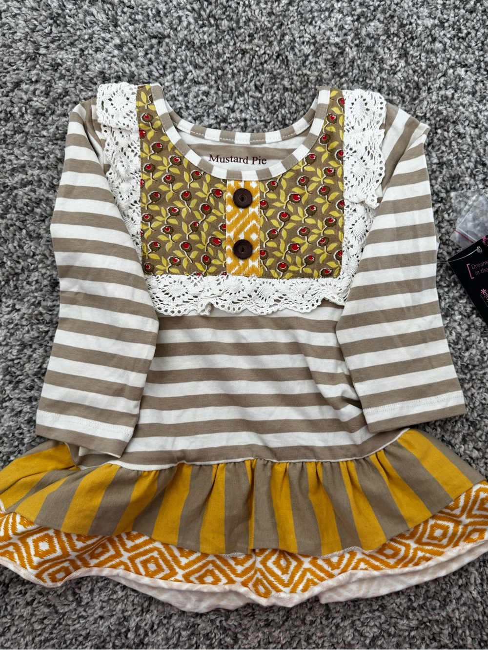 Mustard Pie Taupe, White & Mustard Striped Ruffle Tunic